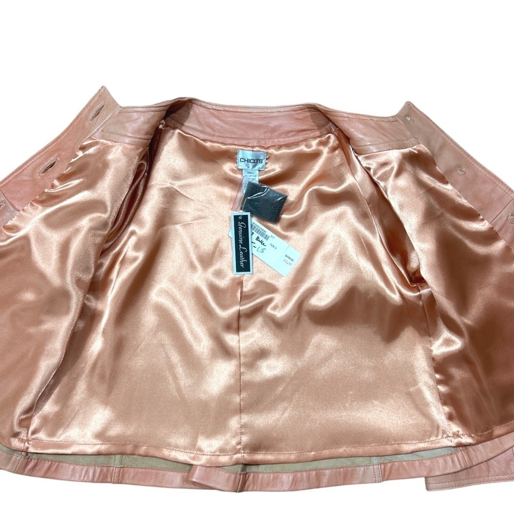 Chicos Leather Jacket Sz 0 Peach Color Button 3/4 Sleeve Round Collar Womens NWT - Picture 5 of 8